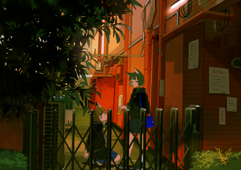 2girls, alley, animal_ears, bag, bangs, black_footwear, blue_eyes, blunt_bangs