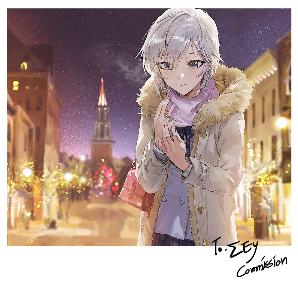 1girl, anastasia_(idolmaster), arms_up, bag, bangs, beige_coat, black_skirt, black_sky