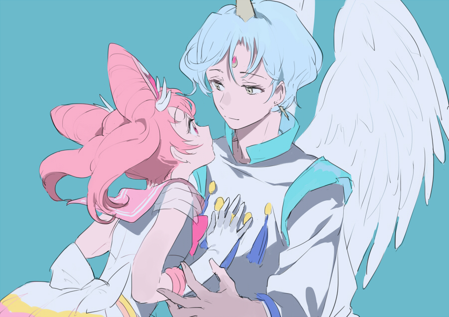 1boy, 1girl, back_bow, bangs, bishoujo_senshi_sailor_moon, blue_background, blue_hair, bow