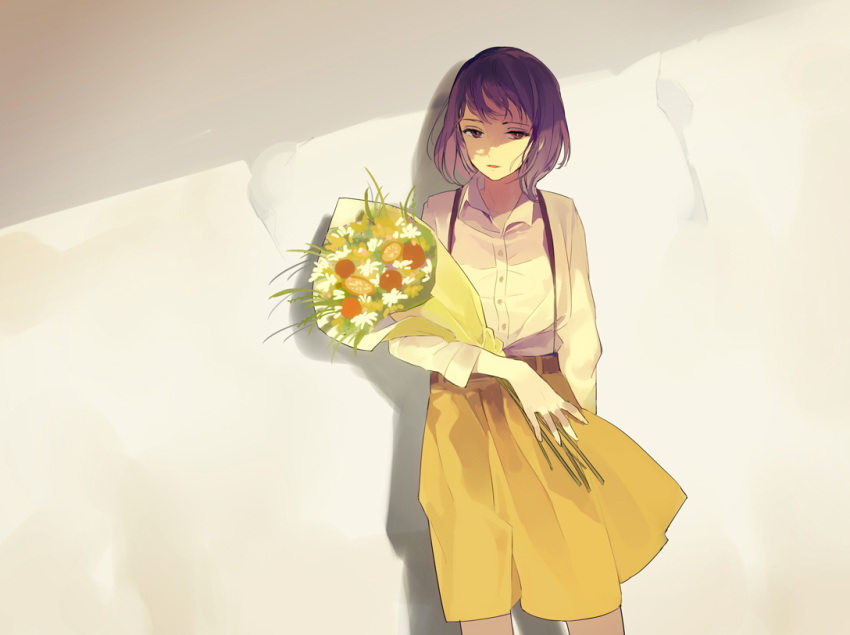 1girl, bangs, bouquet, collared_shirt, commentary, cowboy_shot, dress_shirt, flower