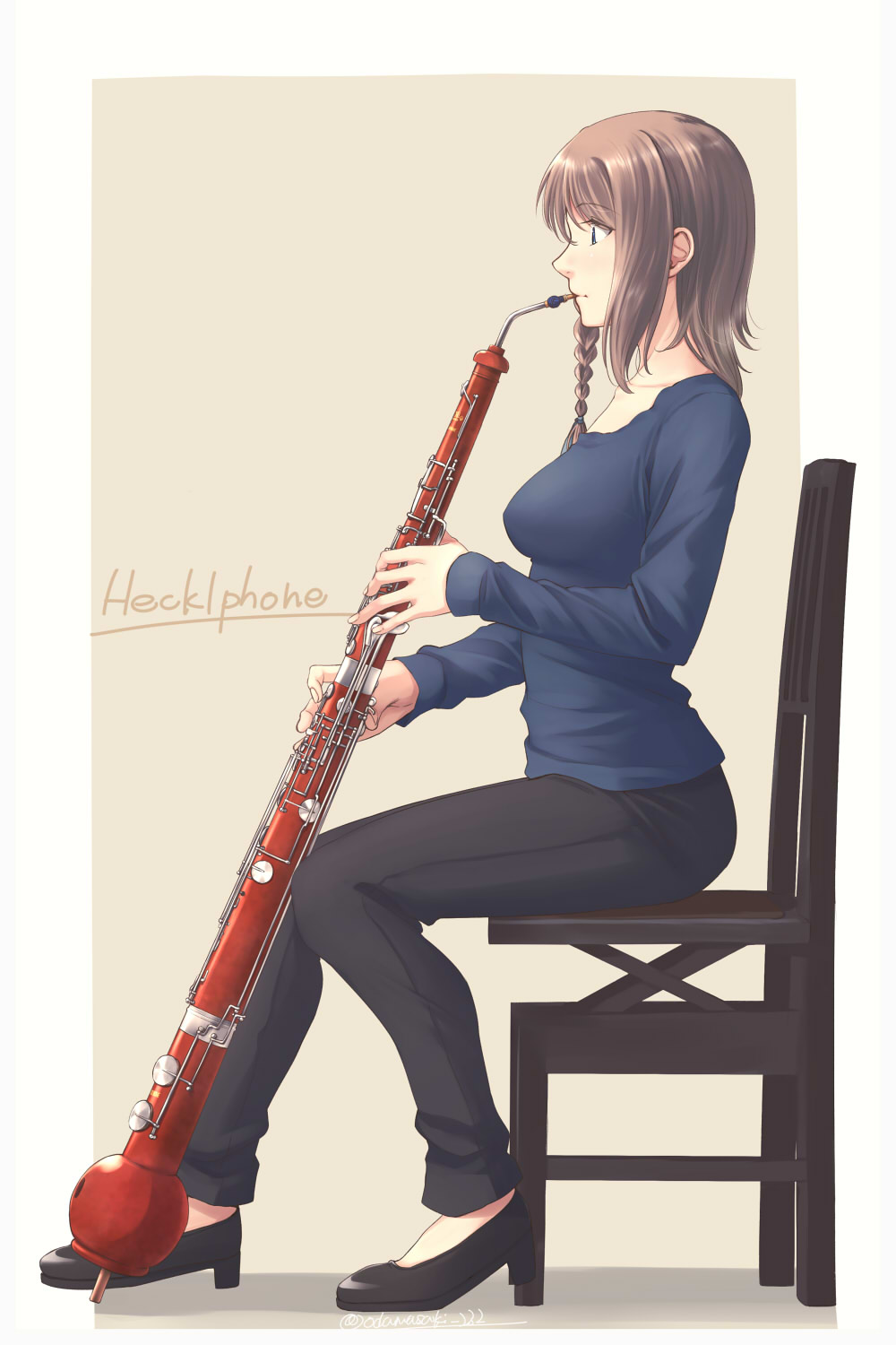 1girl, bangs, black_footwear, black_pants, blue_eyes, blue_sweater, braid, brown_background