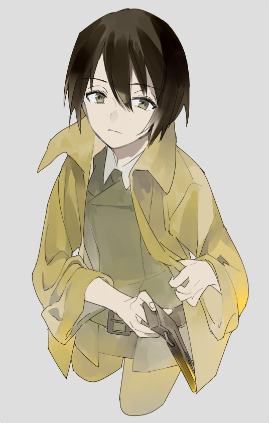 1girl, belt, black_eyes, black_hair, closed_mouth, collared_shirt, cowboy_shot, cropped_legs