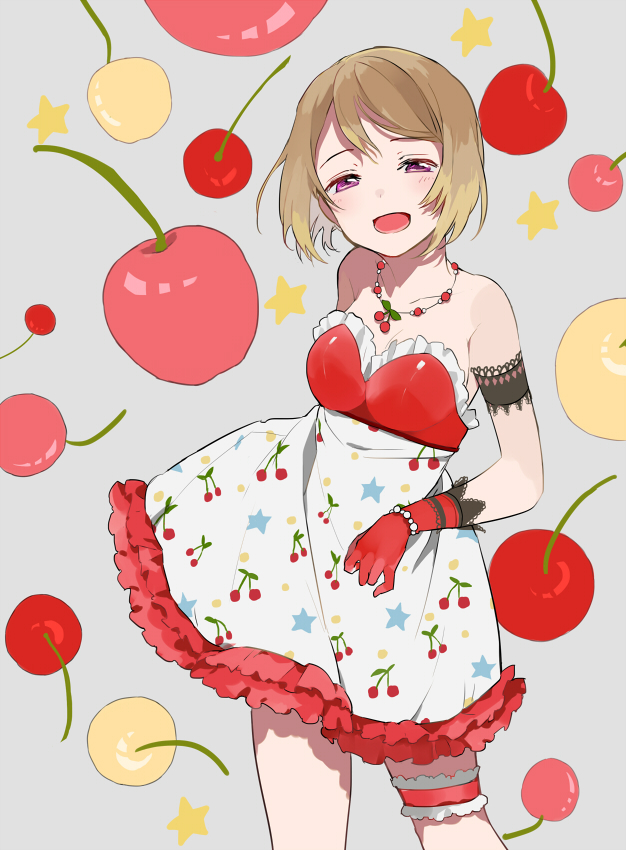 1girl, :d, armband, bangs, bare_shoulders, blush, bracelet, breasts, brown_hair, cherry, cleavage, contrapposto, dress, food, food_print, fruit, gloves, grey_background, jewelry, koizumi_hanayo, leg_garter, looking_at_viewer, love_live!, love_live!_school_idol_project, lowe_(slow), medium_breasts, necklace, open_mouth, red_gloves, short_hair, smile, solo, standing, violet_eyes