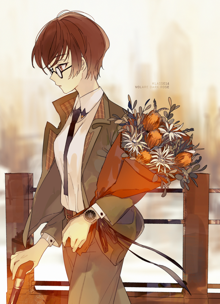 1girl, belt, belt_buckle, black-framed_eyewear, black_neckwear, bouquet, breasts, brown_eyes