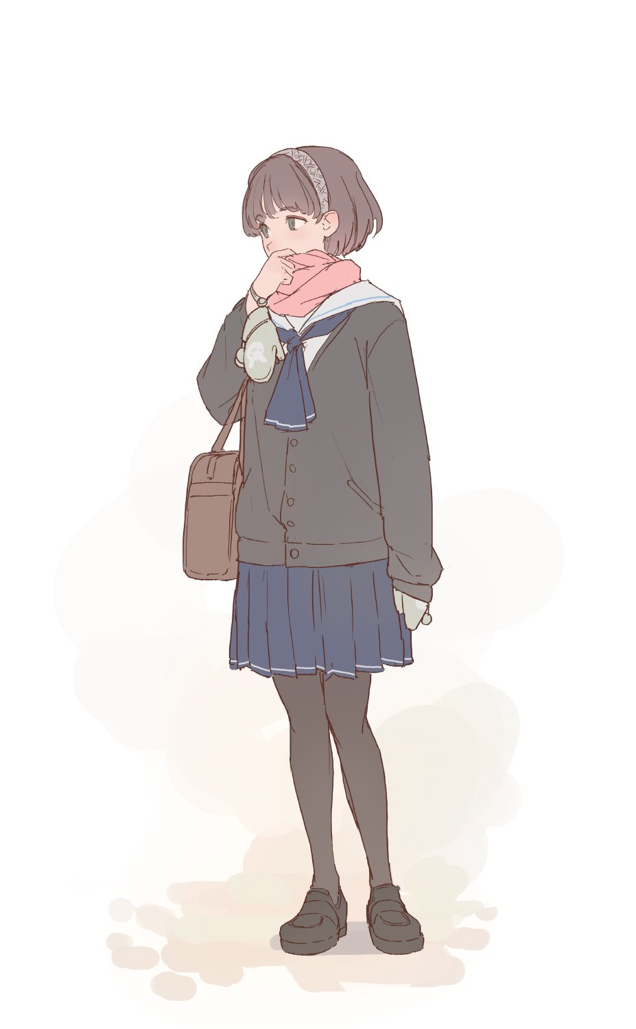 1girl, ascot, bag, black_footwear, black_jacket, black_legwear, blue_neckwear, blue_skirt