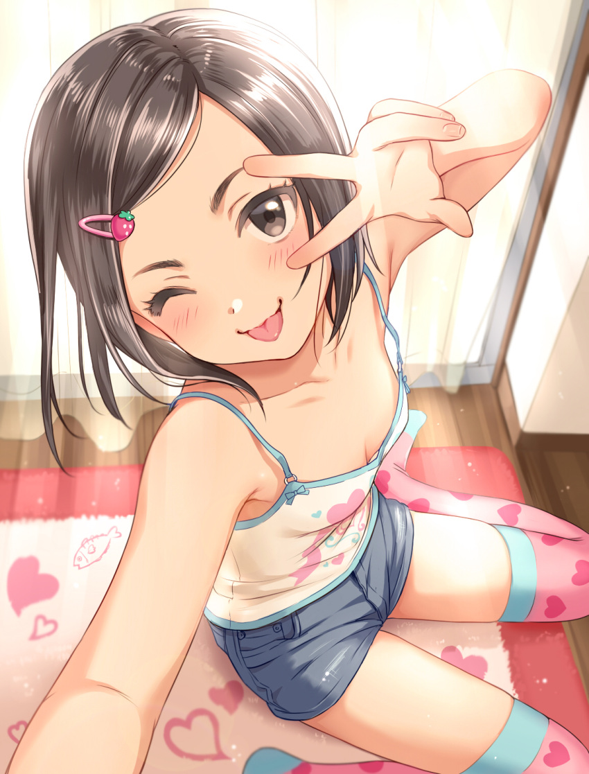 1girl, ;p, bangs, black_eyes, black_hair, blush, breasts, cleavage, curtains, downblouse, fish, food_themed_hair_ornament, hair_ornament, hairclip, heart, highres, no_shoes, one_eye_closed, original, parted_bangs, sabaaa_m, short_hair, small_breasts, solo, strawberry_hair_ornament, thigh-highs, tongue, tongue_out, v