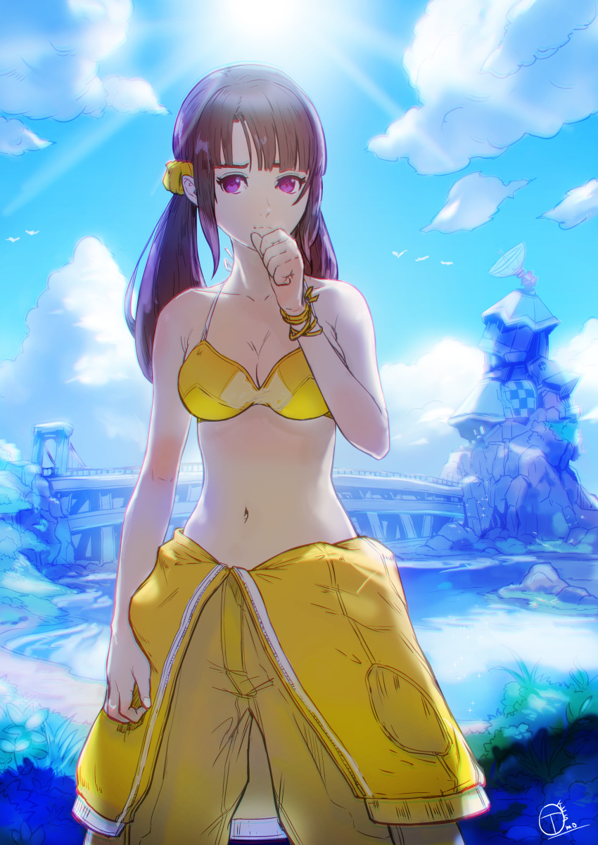 1girl, absurdres, arm_at_side, backlighting, bare_arms, bare_shoulders, bikini_top, blue_sky