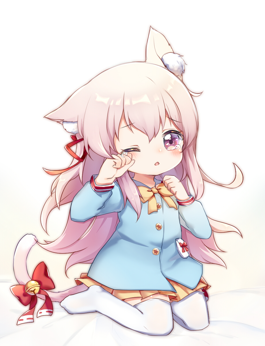 1girl, animal_ears, azur_lane, bangs, bed_sheet, bell, blue_shirt, blush