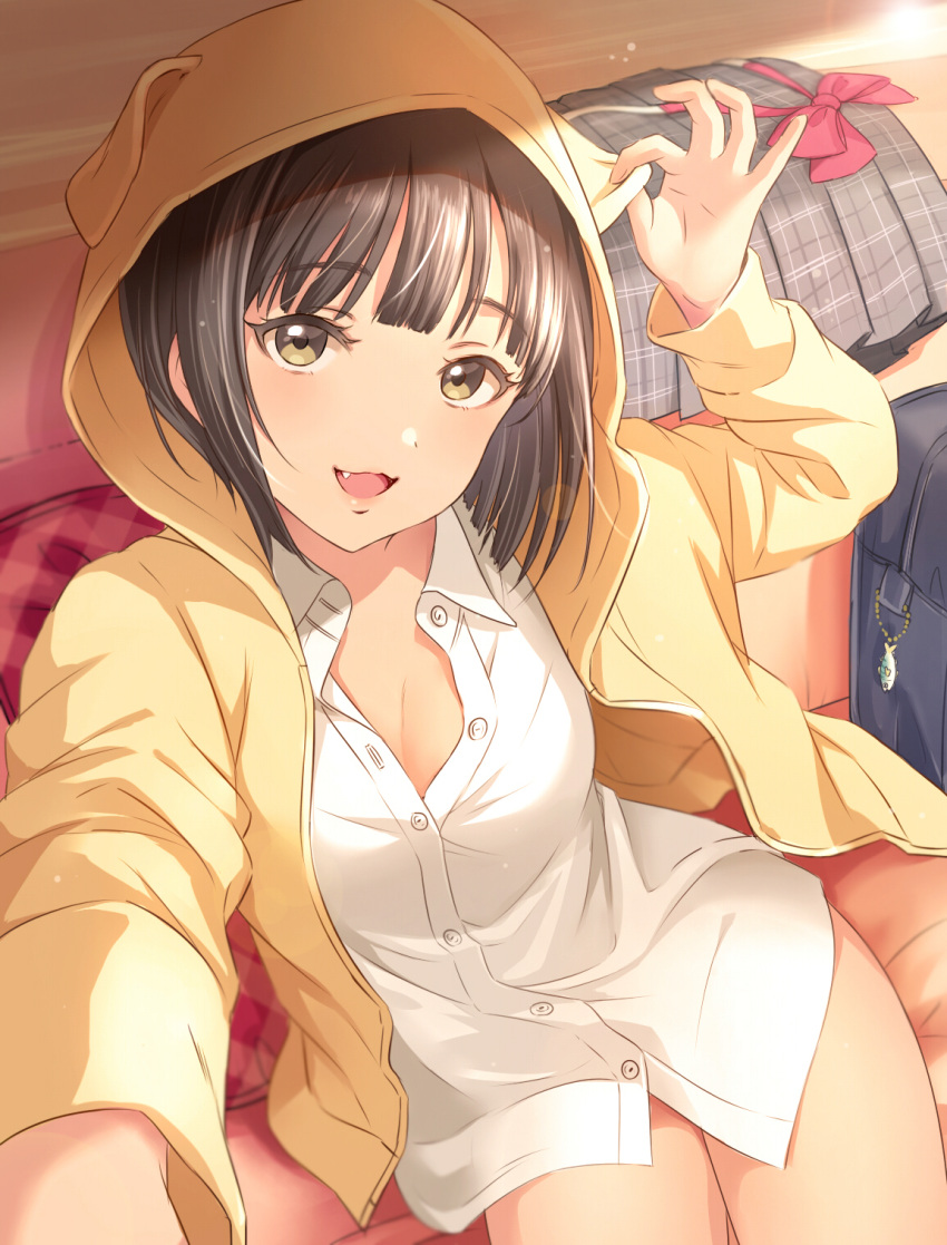 1girl, :3, :d, animal_hood, bag, bag_charm, black_eyes, black_hair, blush, breasts, cat_hood, charm_(object), cleavage, dress_shirt, dutch_angle, fang, fish, highres, hood, hoodie, keychain, looking_at_viewer, medium_breasts, no_pants, open_mouth, original, sabaaa_m, school_bag, shirt, short_hair, sketch, smile, solo, white_shirt