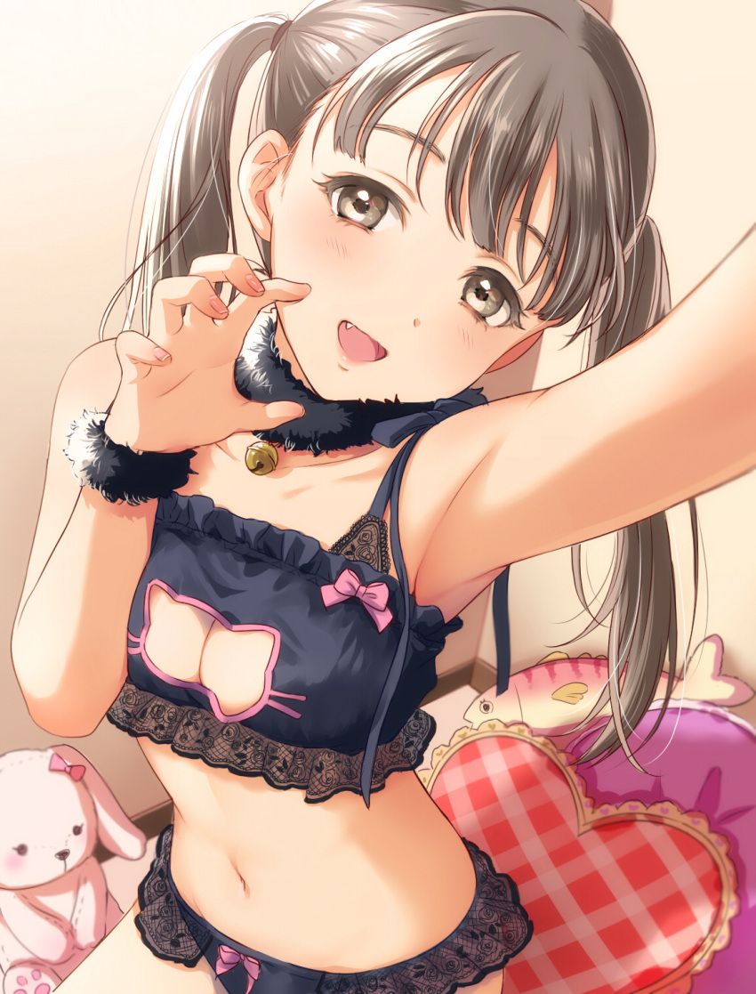 1girl, armpits, bell, bell_choker, black_bra, black_eyes, black_hair, black_panties, blush, bra, breasts, cat_cutout, cat_ear_panties, cat_lingerie, choker, claw_pose, cleavage, cleavage_cutout, commentary_request, fang, highres, jingle_bell, long_hair, looking_at_viewer, medium_breasts, meme_attire, navel, open_mouth, original, panties, reaching_out, sabaaa_m, self_shot, solo, stuffed_animal, stuffed_bunny, stuffed_fish, stuffed_toy, twintails, underwear, underwear_only