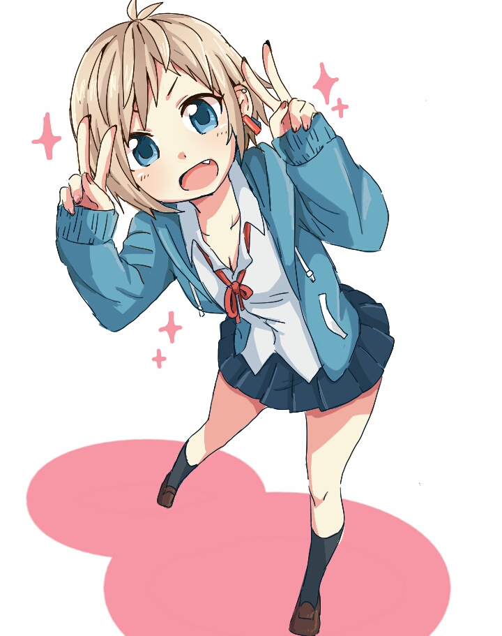 1girl, black_legwear, blue_eyes, blue_jacket, blue_skirt, blush, breasts, brown_footwear