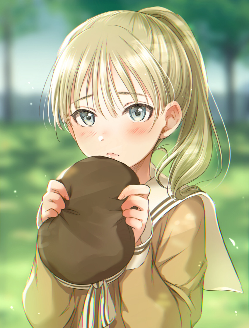 1girl, blonde_hair, blue_eyes, blurry, blurry_background, blush, closed_mouth, day