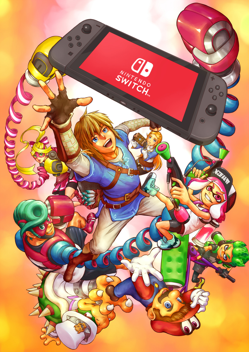 3girls, 5boys, absurdres, arms_(game), blonde_hair, blue_eyes, blue_hair, bowser, boxing_gloves, cappy_(mario), domino_mask, facial_hair, gloves, green_hair, hat, highres, inkling, link, long_hair, looking_at_viewer, male_focus, mario, super_mario_bros., mask, multicolored_hair, multiple_boys, multiple_girls, mustache, nintendo, nintendo_switch, pink_hair, pompadour, ponytail, princess_zelda, ribbon, ribbon_girl_(arms), ribbon_hair, short_hair, smile, sparky_(arms), splatoon, splatoon_2, spring_man_(arms), super_mario_odyssey, switch, t_(numerodieci10), tentacle_hair, the_legend_of_zelda, the_legend_of_zelda:_breath_of_the_wild, two-tone_hair
