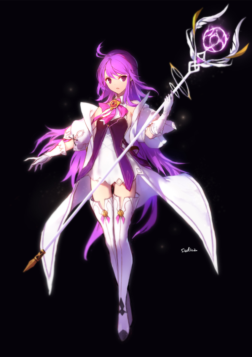1girl, absurdres, aether_sage_(elsword), ahoge, aisha_(elsword), bangs, bare_shoulders, black_background, dress, elsword, eyebrows_visible_through_hair, full_body, gloves, hair_between_eyes, highres, holding, long_hair, long_sleeves, looking_at_viewer, open_mouth, purple_hair, sidelocks, signature, simple_background, solo, swd3e2, violet_eyes, white_gloves
