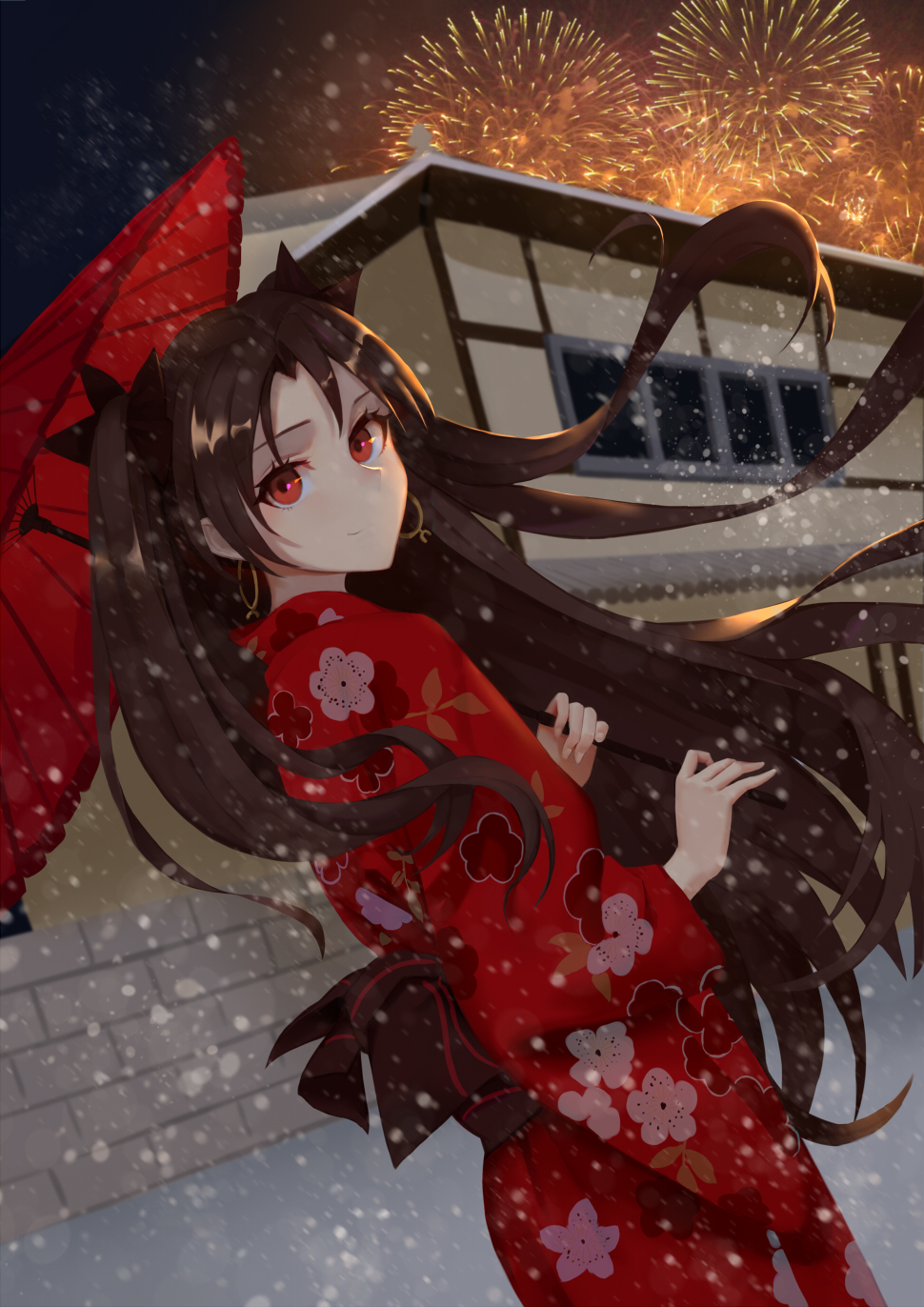 1girl, alternate_costume, architecture, bangs, black_hair, black_ribbon, earrings, east_asian_architecture