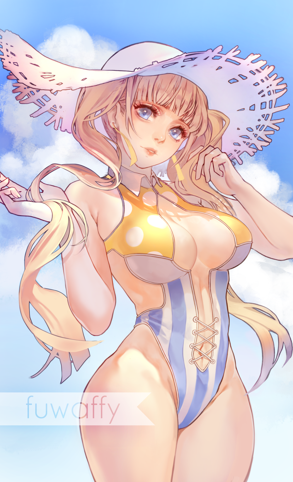 1girl, arms_up, artist_name, blade_&amp;_soul, blonde_hair, blue_sky, breasts, breasts_apart