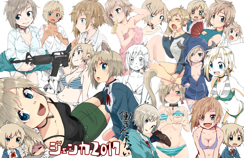 1girl, :d, :o, animal_ears, aqua_bikini, aqua_jacket, arm_at_side, arm_support