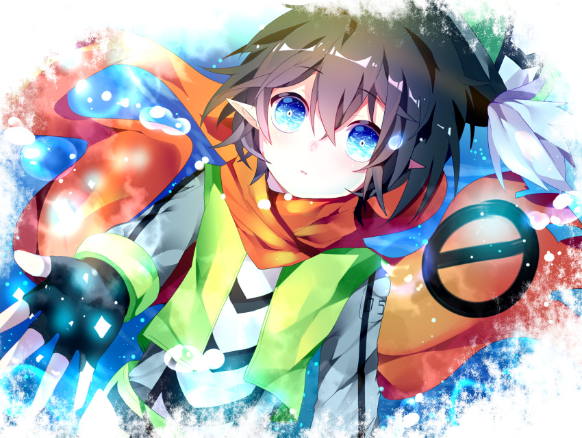 1boy, aotu_world, black_gloves, black_hair, blue_eyes, blush, eyebrows_visible_through_hair, fingerless_gloves, gloves, highres, long_sleeves, looking_at_viewer, parted_lips, red_scarf, scarf, short_hair, shu_(pjxv7485), solo
