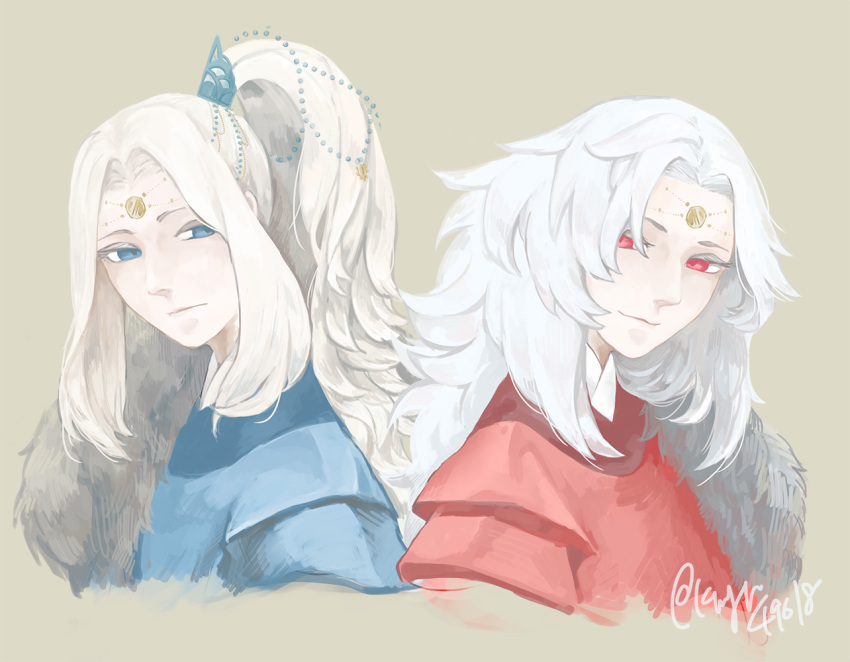 2boys, blonde_hair, blue_(saga_frontier), blue_eyes, hair_ornament, headpiece, jewelry, long_hair, male_focus, multiple_boys, ponytail, rouge_(saga_frontier), saga, saga_frontier, siblings, twins, white_hair