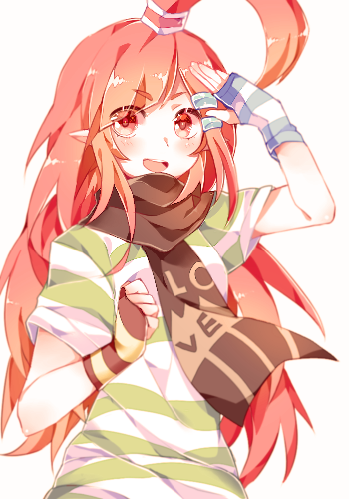 1girl, aotu_world, arm_up, black_gloves, blue_gloves, blush, brown_scarf, eyebrows_visible_through_hair