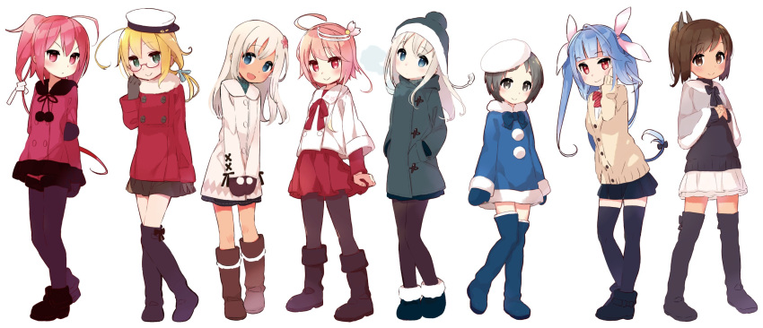6+girls, :>, :3, adjusting_hair, ahoge, alternate_costume, ankle_boots, arm_at_side