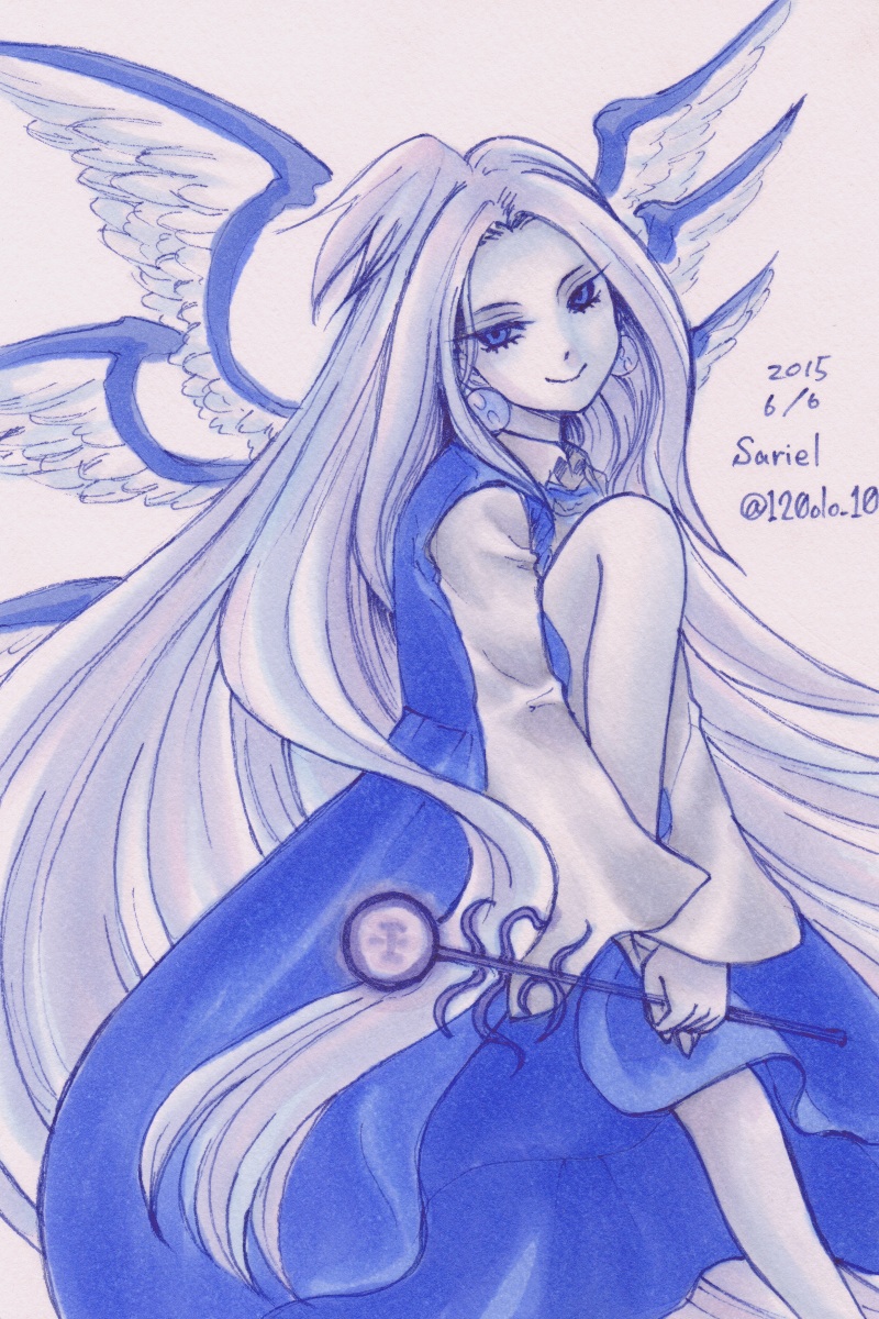 1girl, 2015, angel, angel_wings, blue_dress, blue_eyes, character_name, closed_mouth