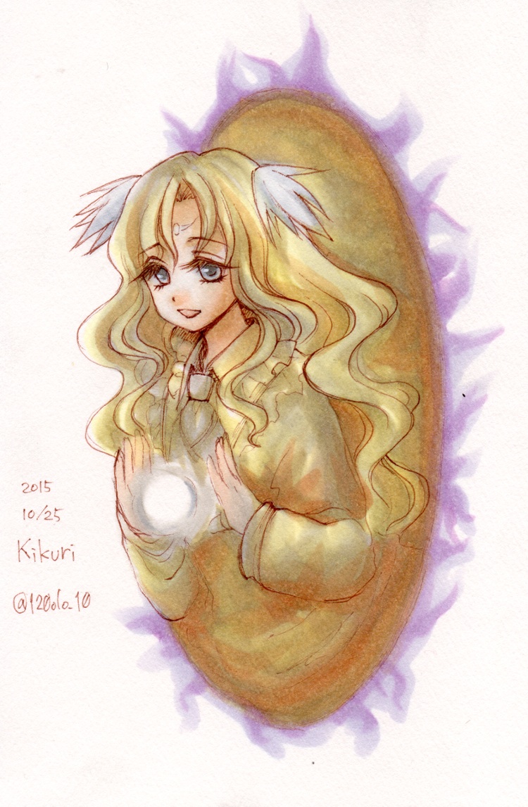 1girl, 2015, :d, aura, bangs, blue_eyes, blue_neckwear, character_name