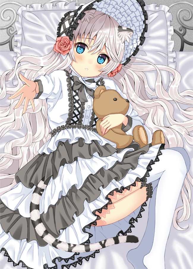 1girl, animal_ears, bangs, bed, bed_sheet, blue_eyes, blue_hat, blue_legwear
