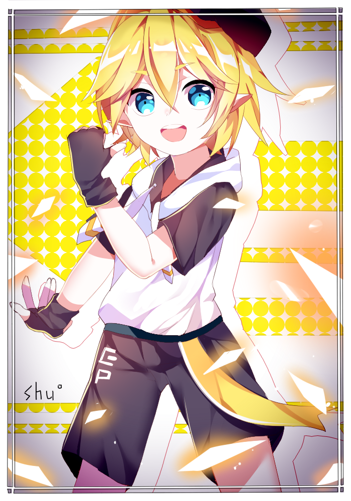 1boy, aotu_world, artist_name, black_gloves, blonde_hair, blue_eyes, blush, eyebrows_visible_through_hair