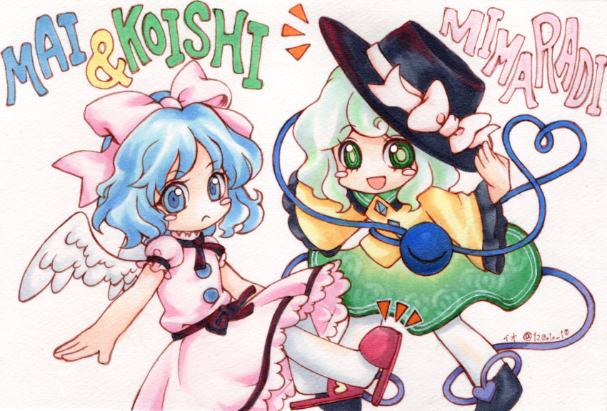 /\/\/\, 2girls, :<, :d, artist_name, bangs, bare_arms, black_bow