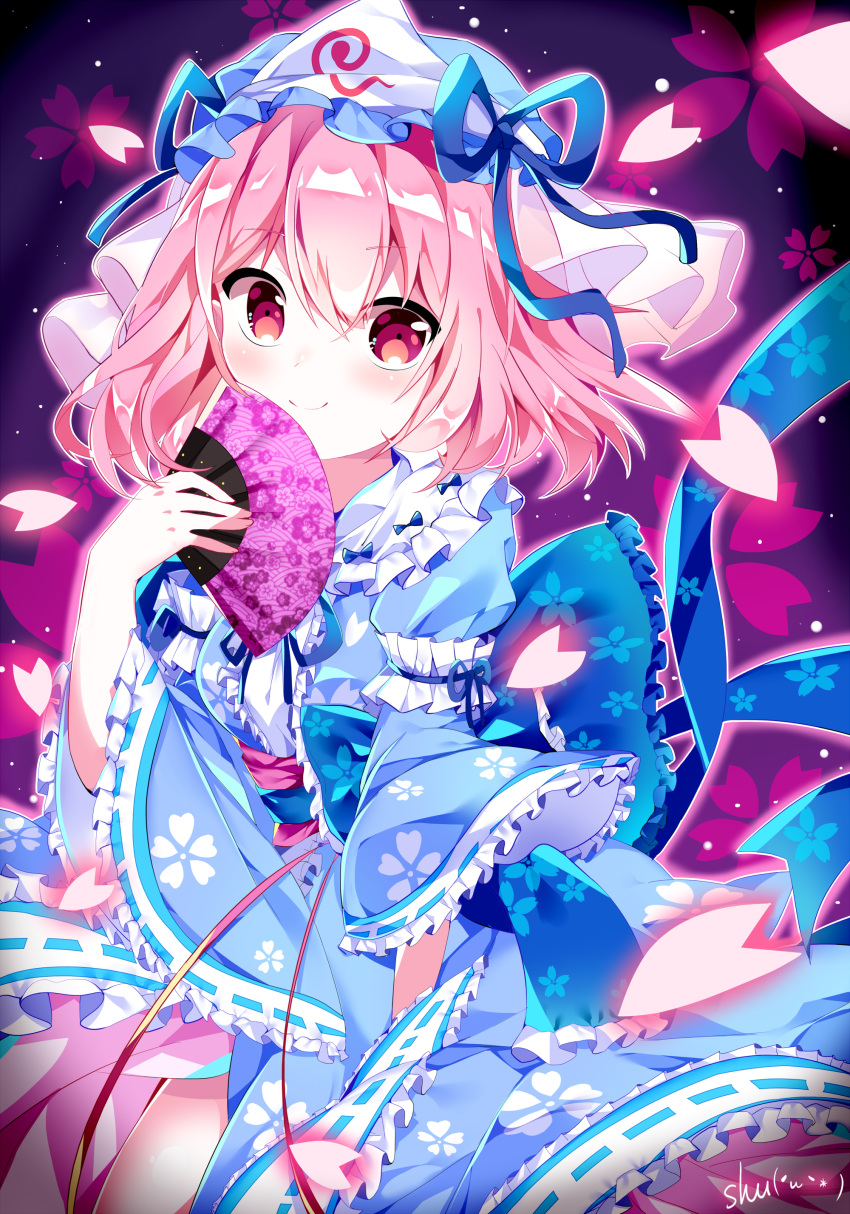 1girl, absurdres, blush, cherry_blossoms, closed_mouth, eyebrows_visible_through_hair, fan, highres