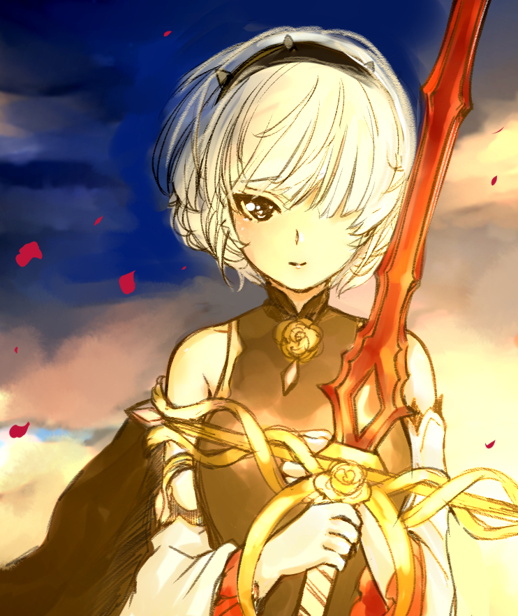 1girl, catbell, detached_sleeves, hair_over_one_eye, looking_at_viewer, petals, red_sword, short_hair