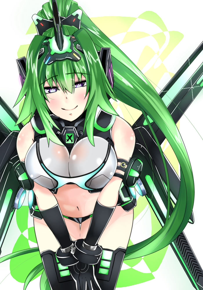 1girl, armband, bangs, bare_shoulders, bent_over, black_gloves, black_legwear, breasts