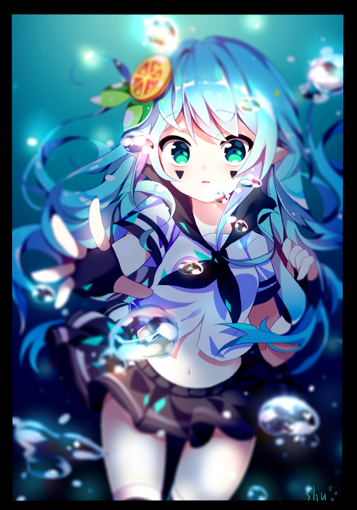 1girl, aotu_world, artist_name, black_gloves, black_neckwear, black_skirt, blue_hair, blush