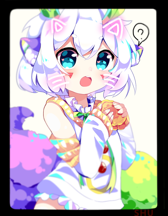 1girl, ?, animal_ears, blue_eyes, blush, cat_ears, detached_sleeves, eyebrows_visible_through_hair