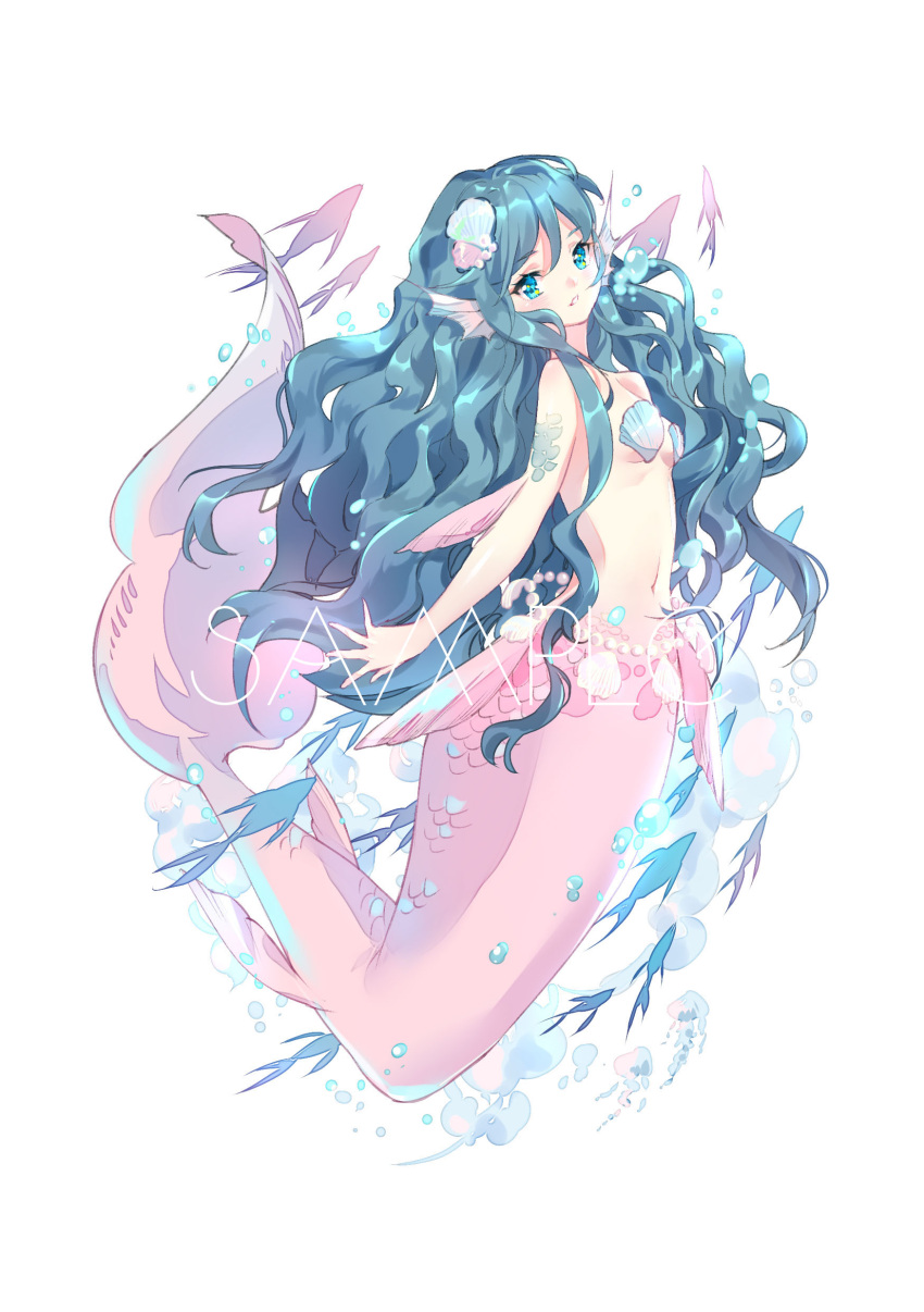 1girl, absurdres, air_bubble, animal, bangs, bare_arms, bare_shoulders, blue_eyes