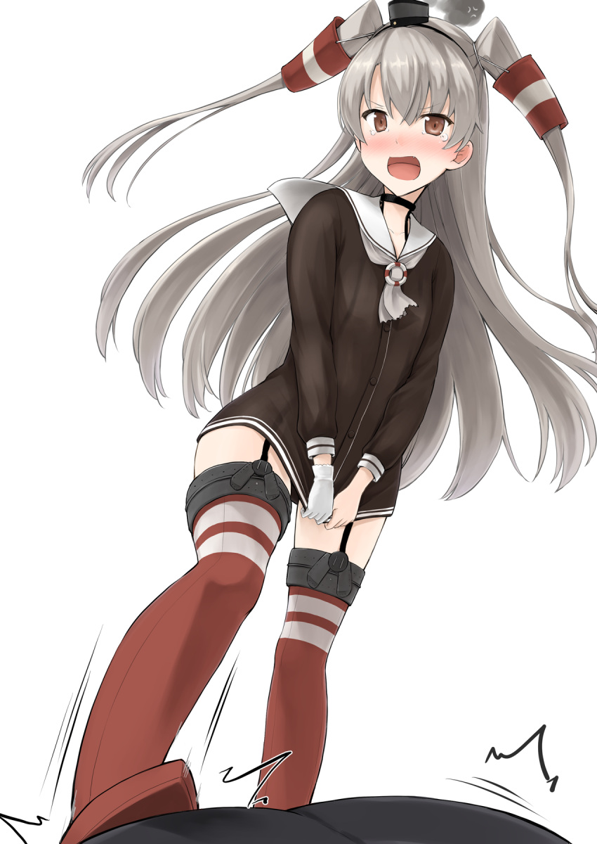 1girl, amatsukaze_(kantai_collection), blush, brown_dress, brown_eyes, choker, dress, embarrassed