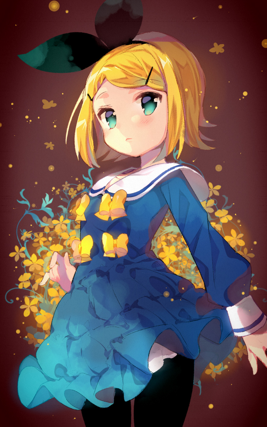 1girl, aqua_eyes, bangs, black_legwear, black_ribbon, blonde_hair, blue_dress, blue_eyes, blush, bow, brown_background, closed_mouth, commentary_request, cowboy_shot, dress, eyebrows_visible_through_hair, floral_background, hair_ornament, hair_ribbon, hairclip, highres, ikari_(aor3507), kagamine_rin, long_sleeves, looking_at_viewer, no_pupils, pantyhose, parted_lips, puffy_long_sleeves, puffy_sleeves, ribbon, sailor_collar, sailor_dress, short_hair, solo, swept_bangs, tareme, vocaloid, white_sailor_collar, yellow_bow