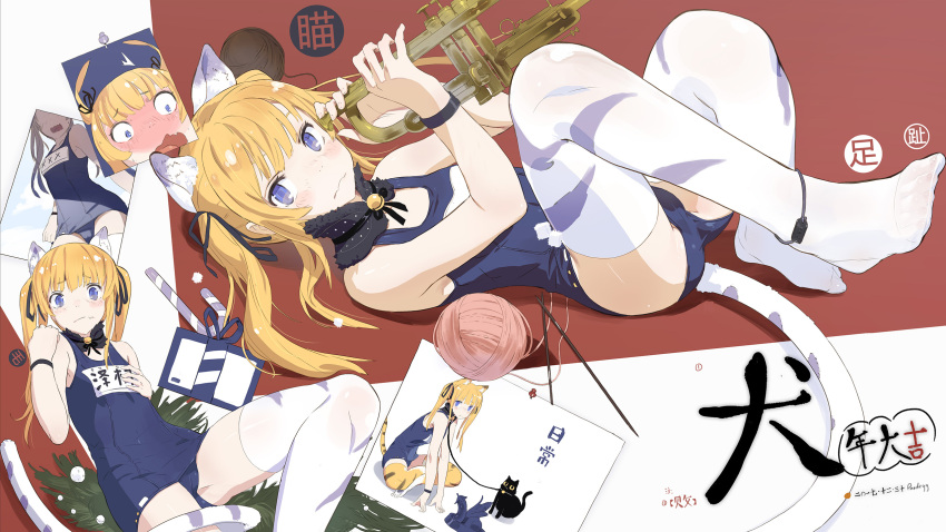1girl, animal_ears, animal_print, blonde_hair, blue_eyes, blush, cat_ears, highres