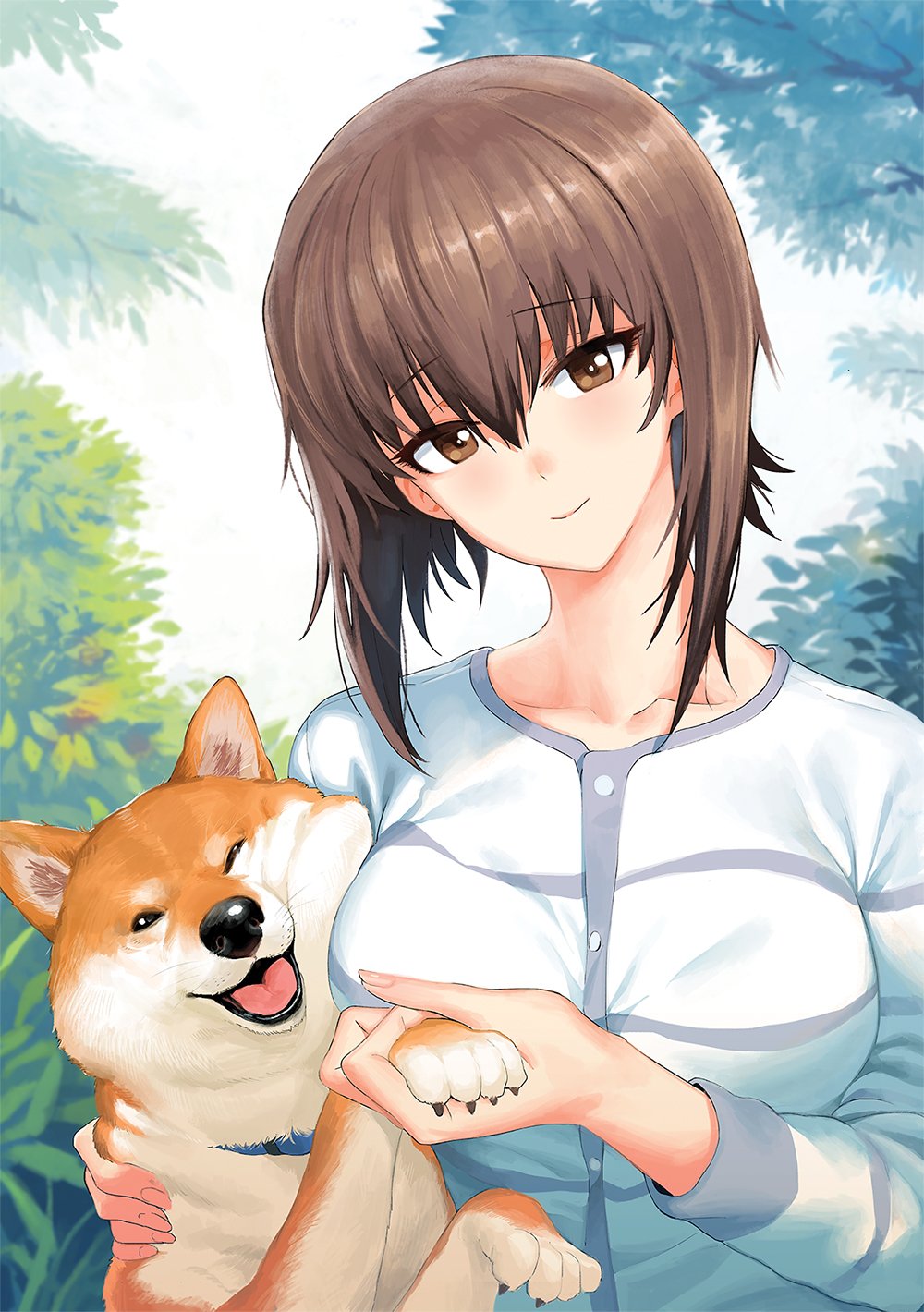 1girl, animal, bangs, blush, breast_press, breasts, brown_eyes, brown_hair, closed_mouth, collarbone, commentary_request, dog, eyebrows_visible_through_hair, fingernails, girls_und_panzer, hair_between_eyes, head_tilt, highres, holding_paw, ladic, long_sleeves, looking_at_viewer, medium_breasts, nishizumi_maho, shiba_inu, shirt, short_hair, smile, solo, striped, striped_shirt, t-shirt, tree, tsurime, upper_body, whiskers, white_shirt