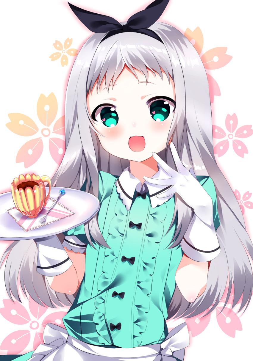 1boy, aqua_eyes, blend_s, blush, cup, eyebrows_visible_through_hair, gloves, grey_hair, highres, holding, holding_plate, kanzaki_hideri, long_hair, looking_at_viewer, open_mouth, plate, short_sleeves, shu_(pjxv7485), smile, solo, spoon, tea, teacup, trap, white_gloves
