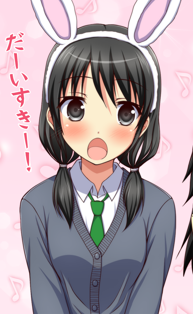 1girl, :o, animal_ears, bangs, black_eyes, black_hair, blush, cardigan