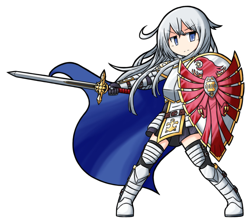 1girl, armor, armored_boots, armored_dress, artist_name, bangs, blue_cape, blue_eyes