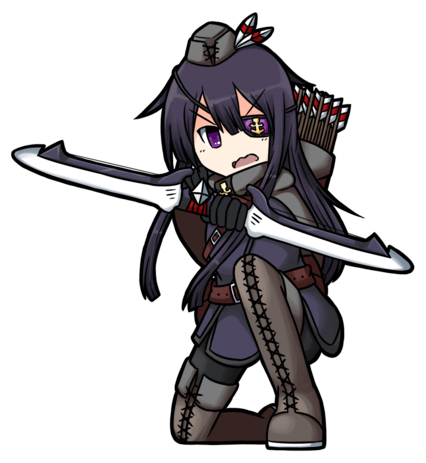 1girl, akatsuki_(kantai_collection), archery, arrow, bangs, boots, bow_(weapon), cross-laced_footwear