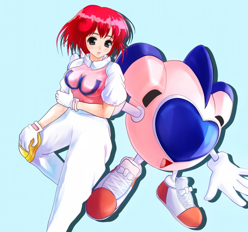1girl, :d, :o, black_eyes, blue_background, gloves, hand_on_own_knee, highres