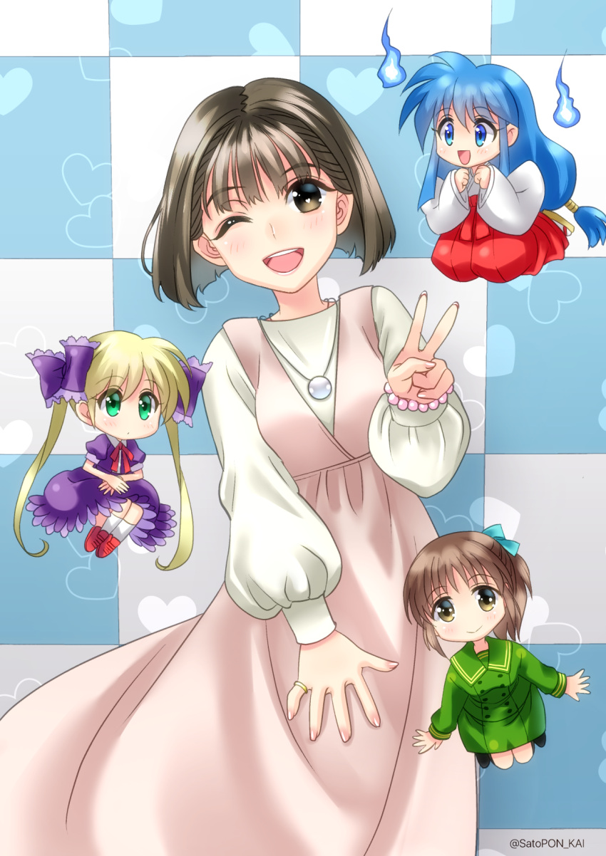 4girls, ;d, bead_bracelet, beads, blonde_hair, blush, bow, bracelet, brown_eyes, brown_hair, chibi, dress, ghost_sweeper_mikami, green_eyes, green_skirt, hair_bow, heart, heart_eyes, highres, himuro_kinu, hitodama, japanese_clothes, jewelry, kouda_mariko, looking_at_viewer, madoka_(otomedius), miko, multiple_girls, necklace, one_eye_closed, open_mouth, purple_bow, purple_dress, red_footwear, ring, sandals, sato-pon, seiyuu_connection, short_hair, skirt, smile, socks, standing, twinbee, v, white_legwear