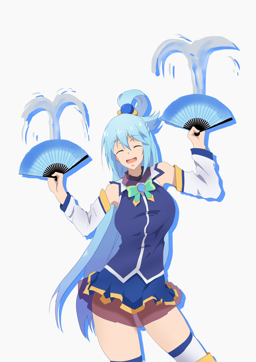 1girl, absurdres, aqua_(konosuba), bare_shoulders, blue_eyes, blue_hair, blue_shirt, blue_skirt, bow, closed_eyes, detached_sleeves, green_bow, hair_ornament, highres, kono_subarashii_sekai_ni_shukufuku_wo!, long_hair, open_mouth, shirt, skirt, thigh-highs, ume_tetu, very_long_hair