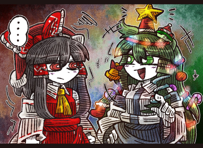 ..., 2girls, ascot, bell, black_hair, blue_skirt, blush_stickers, bow
