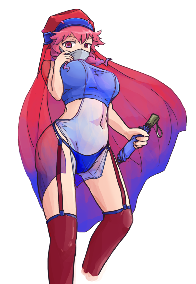 1girl, blue_panties, crop_top, doom_(game), face_mask, garter_straps, kurashiki_nanka, looking_at_viewer