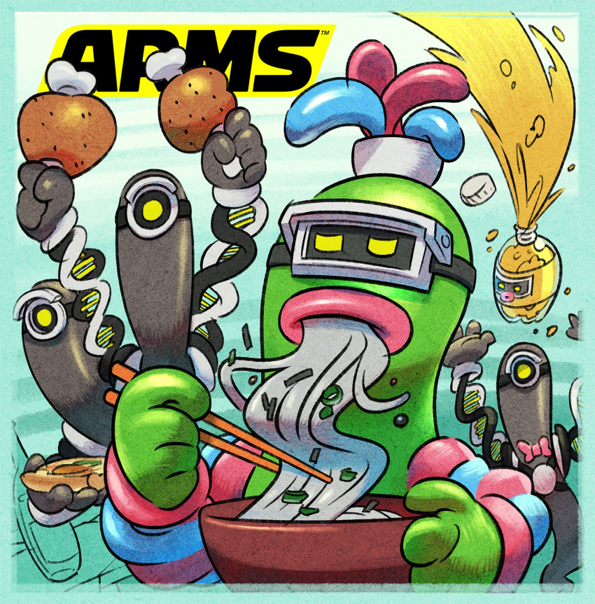 aqua_background, arms_(game), boned_meat, bow, bowtie, commentary_request, dna_man_(arms), eating